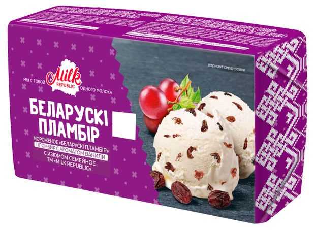 Мороженое пломбир Milk Republic Беларускi пламбiр ароматом ванили с изюмом семейное в брикете без вафель 15% БЗМЖ Беларусь, 250 г