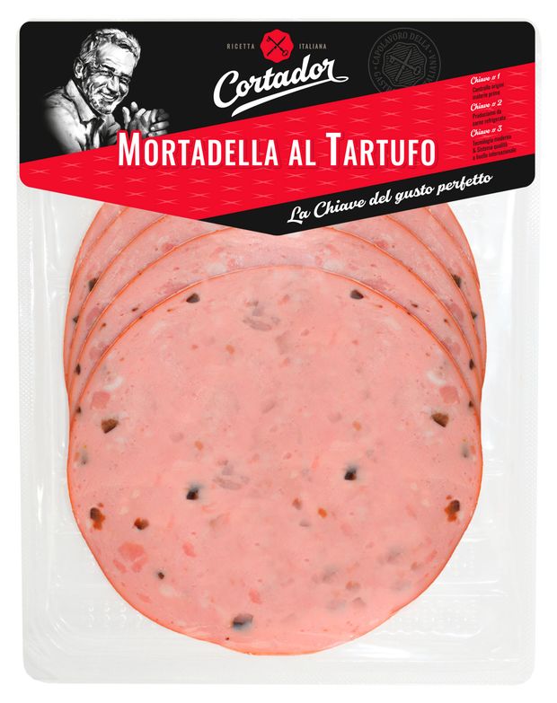 Колбаса вареная Кортадор Мортадела Тартюф нарезка, 170 г