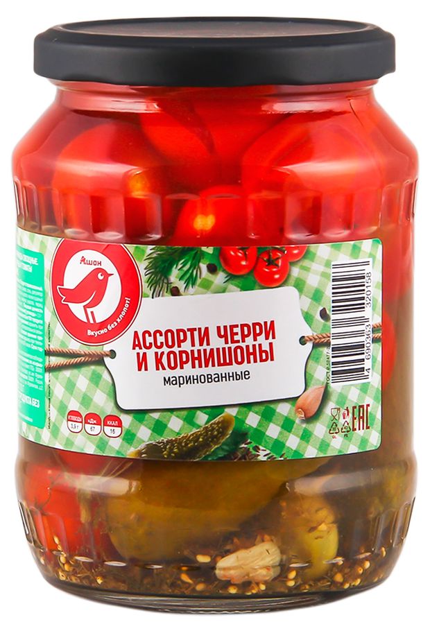 Ассорти овощное АШАН Красная птица черри и корнишоны 700 г 150₽