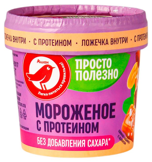Мороженое молочное с протеином АШАН Красная птица соленая карамель с арахисом без добавления сахара 2%, 75 г