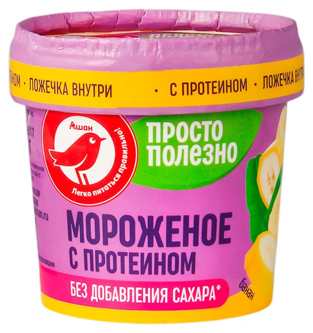 Мороженое молочное с протеином АШАН Красная птица со вкусом банана без добавления сахара 2%, 75г