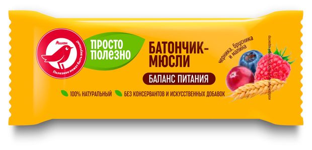 Батончик-мюсли АШАН Красная птица черника брусника и малина 35 г 32₽