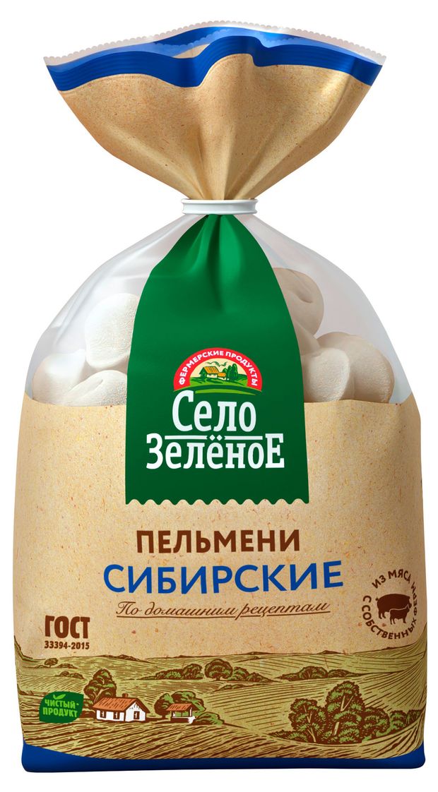 Пельмени мясные Село Зеленое Сибирские из свинины и говядины в пакете ГОСТ, 800 г