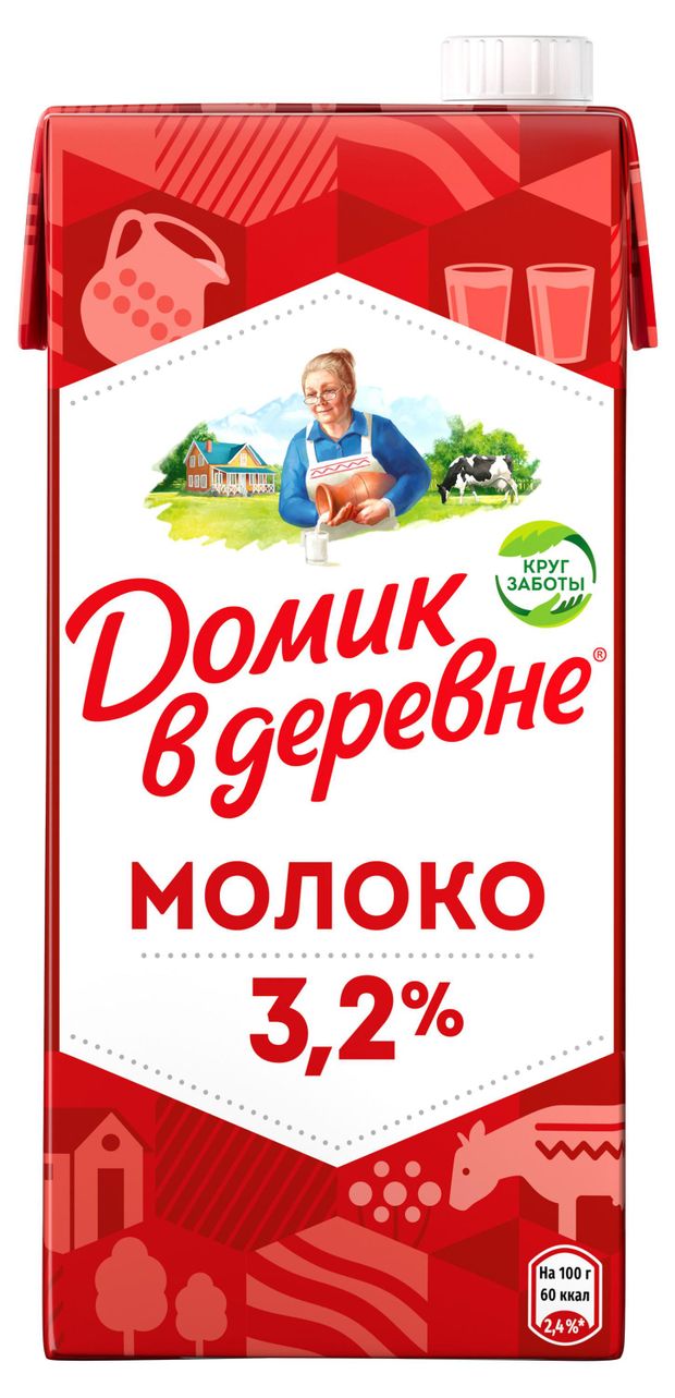 Молочные продукты, яйца  Ашан Молоко питьевое Домик в деревне ультрапастеризованное 3,2% БЗМЖ, 950 г
