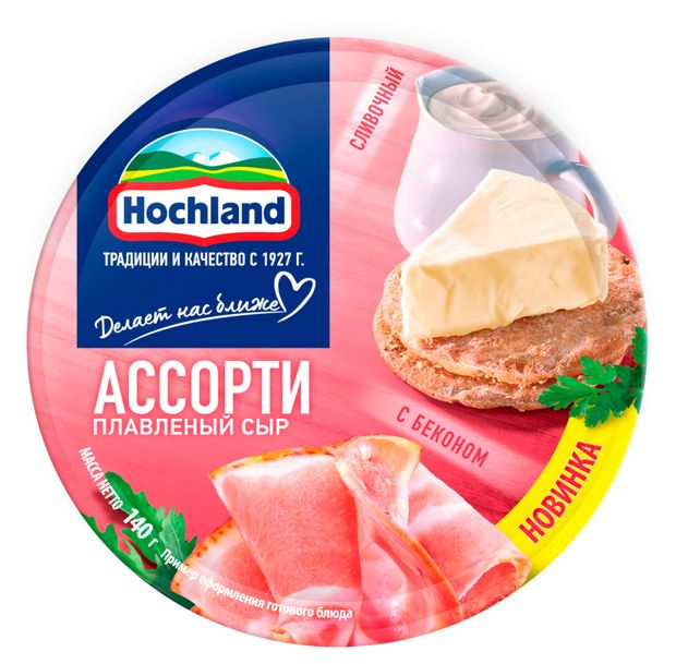 Сыр плавленый Hochland Ассорти красное с беконом и сливками треугольники 50 БЗМЖ 140 г 110₽