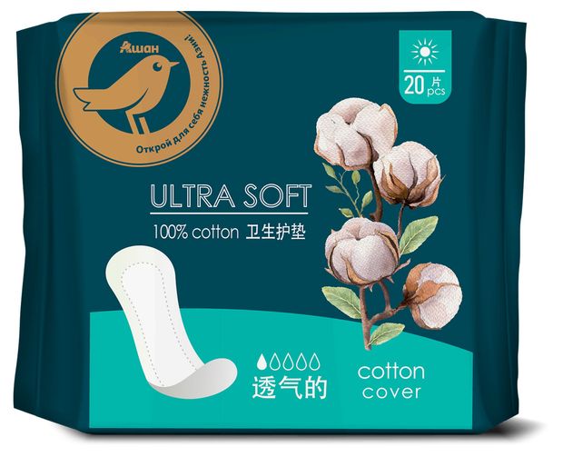 Прокладки ежедневные АШАН Золотая птица впитывающие 100 хлопок 20 шт 130₽