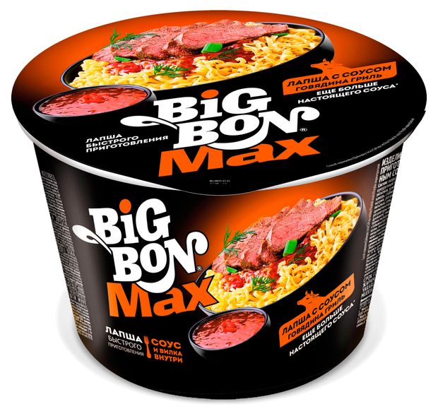 Лапша быстрого приготовления BIGBON MAX с соусом Говядиной гриль, 95 г