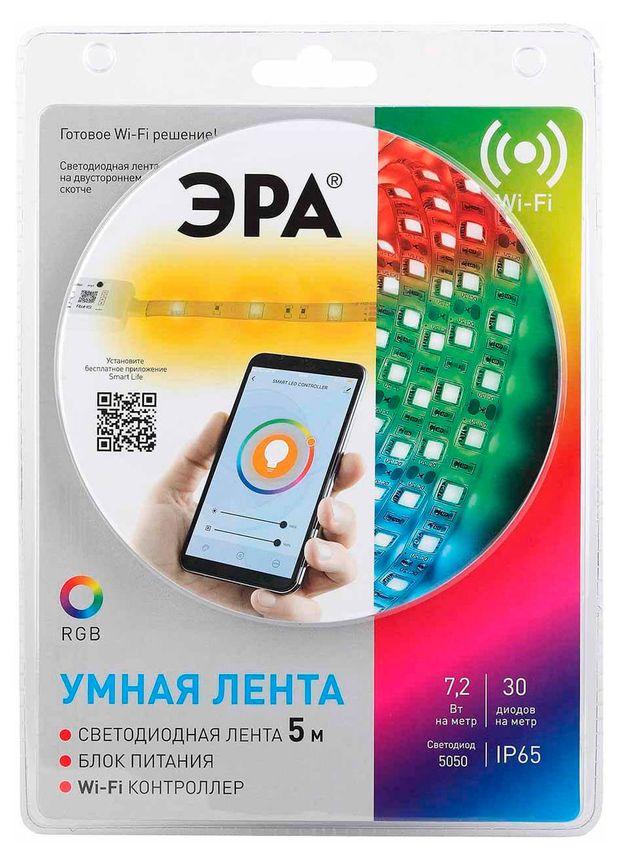 фото Светодиодная лента эра 5050-30-rgb ip65 12v с wifi контроллером, 5 м