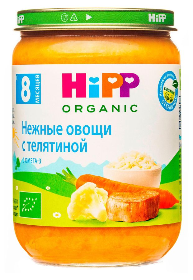 Пюре овощное HiPP Нежные овощи с телятиной с 8 мес 190 г 240₽