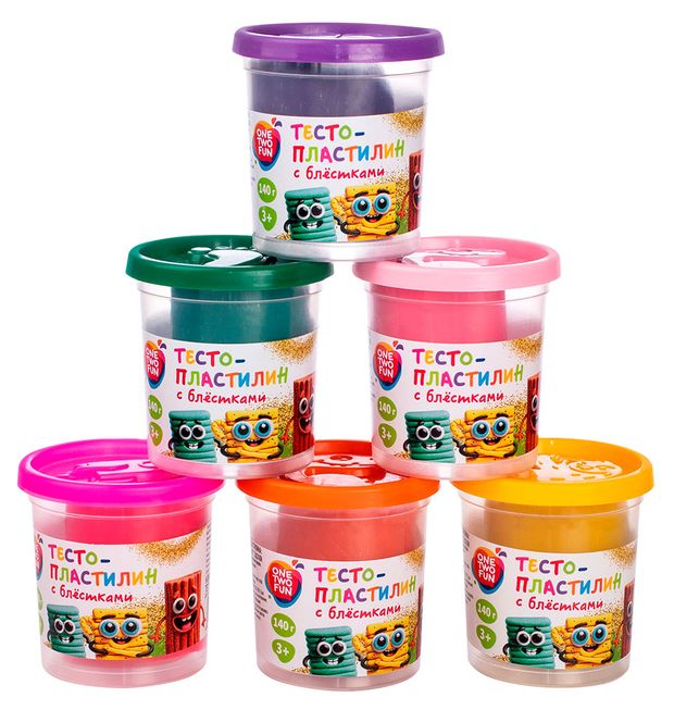 Тесто-пластилин ONE TWO FUN с блестками в банке 1 шт, 140 г в ассортименте