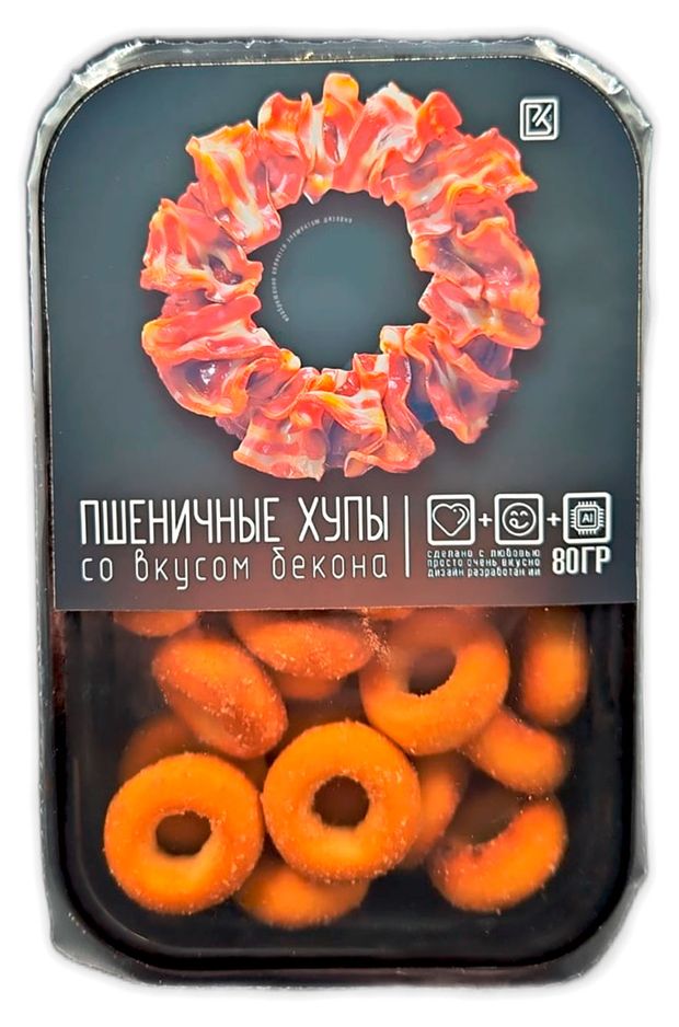 Чипсы, снеки, сухофрукты  Ашан Хупы пшеничные ВКУСНОКУБ бекон, 80 г