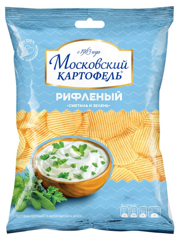 Чипсы картофельные Московский Картофель рифленые сметана и зелень, 40 г