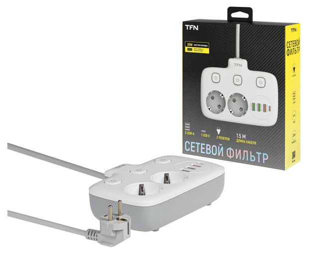 Сетевой фильтр TFN Power 2 White 2 розетки 3хUSB-A USB-C 15 м 1399₽