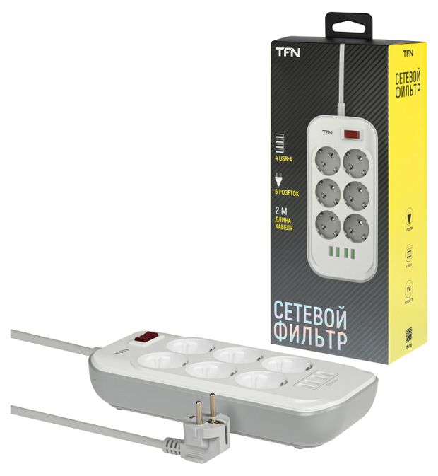 Сетевой фильтр TFN Power 3 White 6 розеток 4хUSB-A 2 м 2000₽