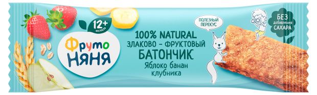 Батончик злаково-фруктовый ФрутоНяня Яблоко-Банан-Клубника, 25 г