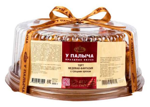 Торт бисквитный У Палыча Медовая фантазия с грецкими орехами и вареной сгущенкой порционный нарезка охлажденный, 800 г