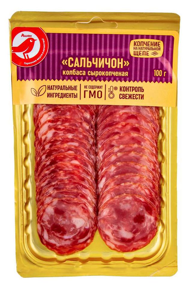 Колбаса сырокопченая АШАН Красная птица Сальчичон нарезка 100 г 130₽