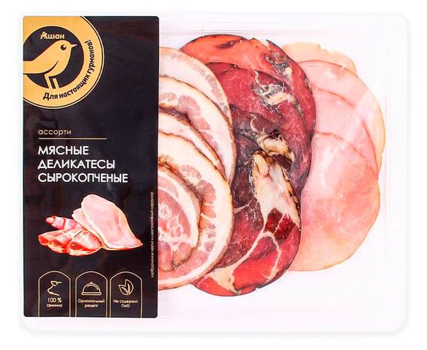 Колбасные изделия Мясные деликатесы сырокопченые АШАН Золотая птица Ассорти из свинины нарезка, 120 г