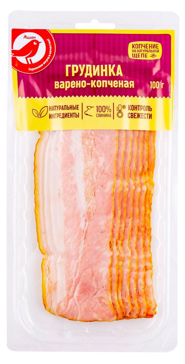 Грудинка варено-копченая АШАН Красная птица в нарезке 100 г 100₽