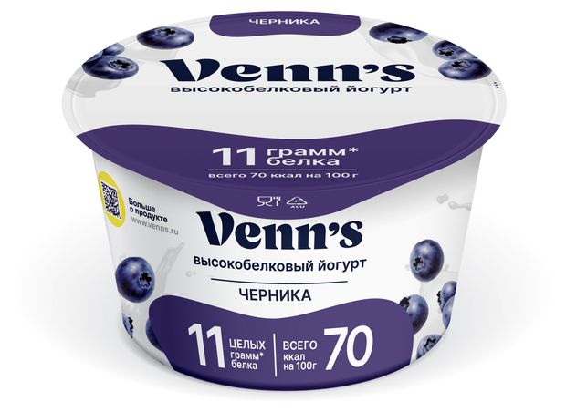 Йогурт греческий Venn`s с черникой 0,1% БЗМЖ, 130 г