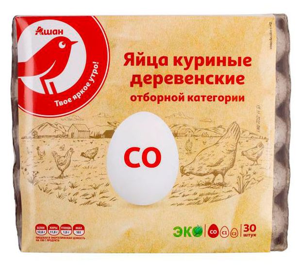 Молочные продукты, яйца Яйца куриные АШАН Красная птица деревенские С0 белое лоток, 30 шт
