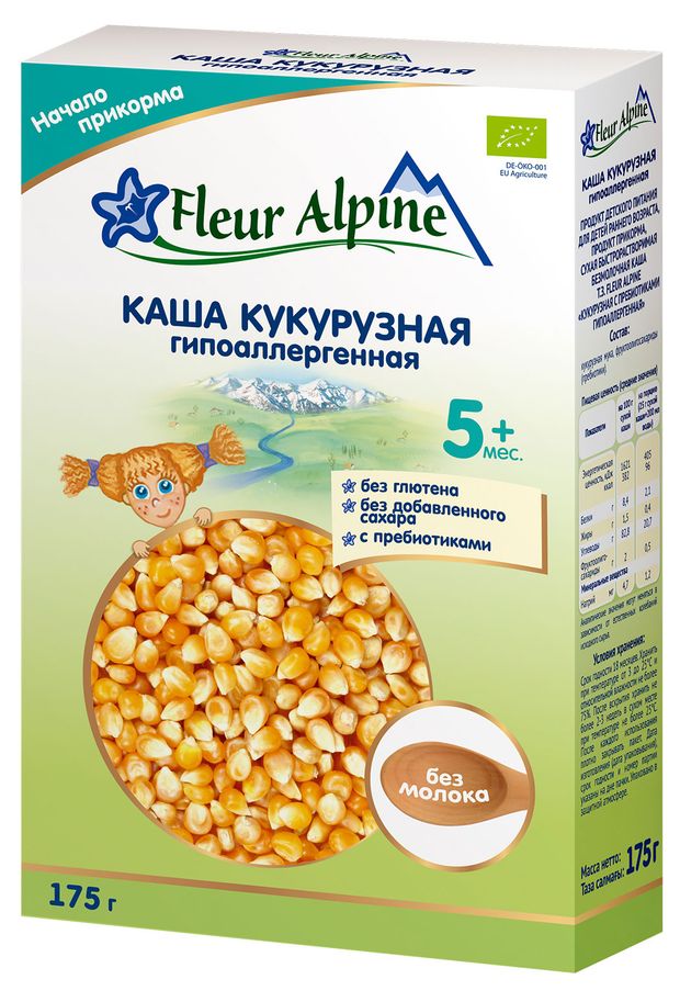 Каша безмолочная детская Fleur Alpine кукурузная с пребиотиками гипоаллергенная с 5 месяцев БЗМЖ 175 г 400₽