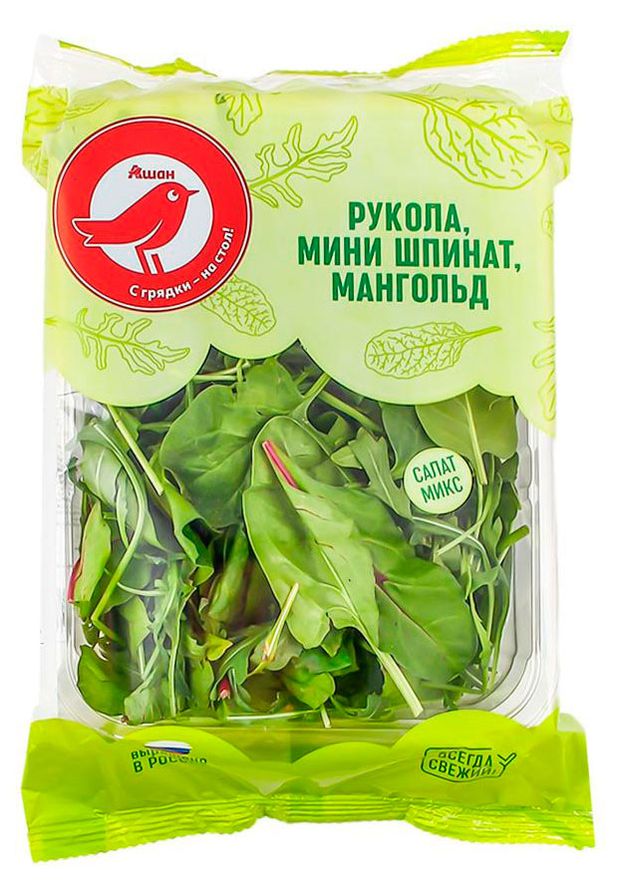 Овощи, фрукты, орехи Салатный набор АШАН Красная птица руккола, шпинат, мини-мангольд, 125 г