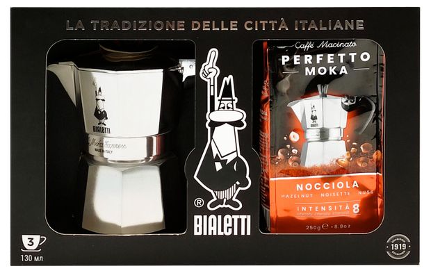   Ашан Набор подарочный Bialetti Гейзерная кофеварка Moka Express и кофе Nocciola, 250 г