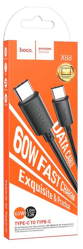 USB-C кабель Hoco X88 Gratified Type-C 3А 60W черный 1 м 220₽