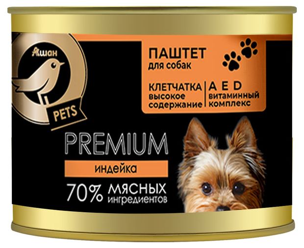 Влажный корм для собак АШАН Золотая птица паштет из индейки 200 г 150₽
