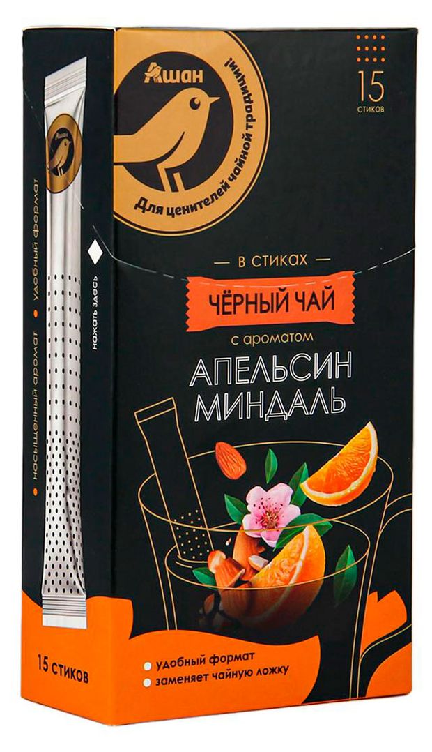  Чай черный АШАН Золотая птица с ароматом апельсин и миндаль стиках, 15х2 г