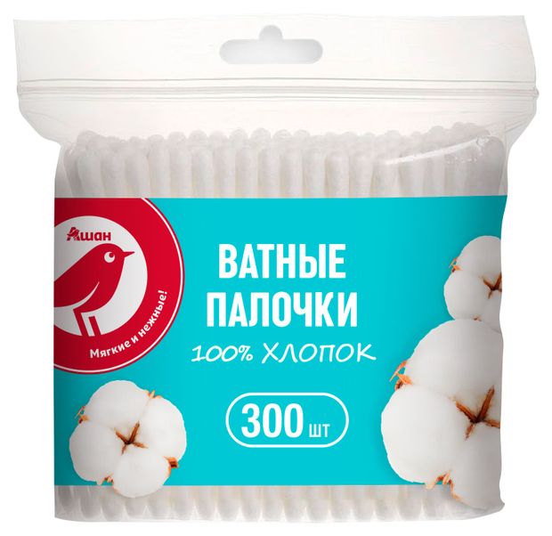 Ватные палочки АШАН Красная птица zip пакет, 300 шт