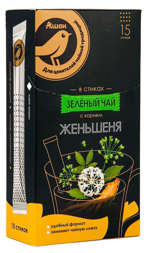  Чай зеленый АШАН Золотая птица с корнем женьшеня в стиках, 15х2 г