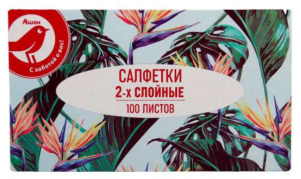Салфетки бумажные АШАН Красная птица 2-слойные в боксе 100 шт 70₽