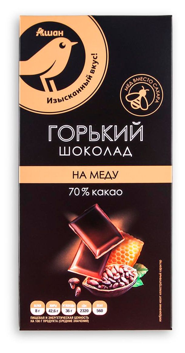 Шоколад АШАН Золотая птица горький 70% какао на меду, 70 г