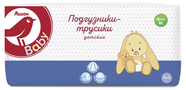 Трусики-подгузники АШАН Красная птица XL 6 размер 16-30 кг, 44 шт