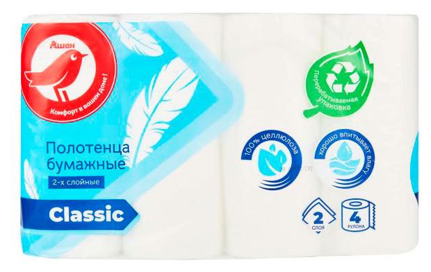 Красота и гигиена Полотенца бумажные АШАН Красная птица 2-х слойные, 4 рулона