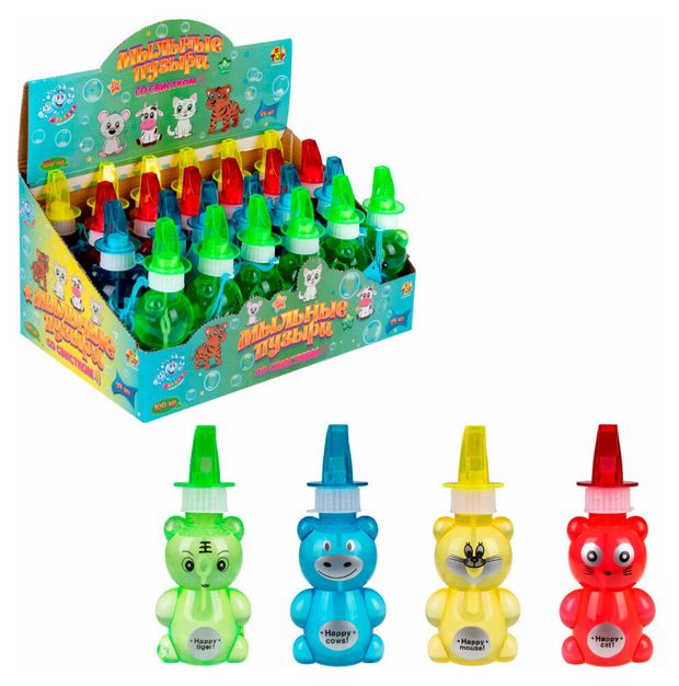 Мыльные пузыри 1TOY Мы-шарики в виде животных со свистком 100 мл 1 шт в ассортименте 140₽