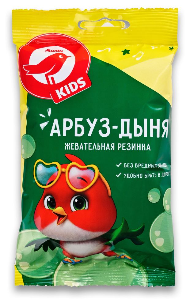 Жевательная резинка АШАН Красная птица Kids с ароматом Арбуз-дыня, 48 г