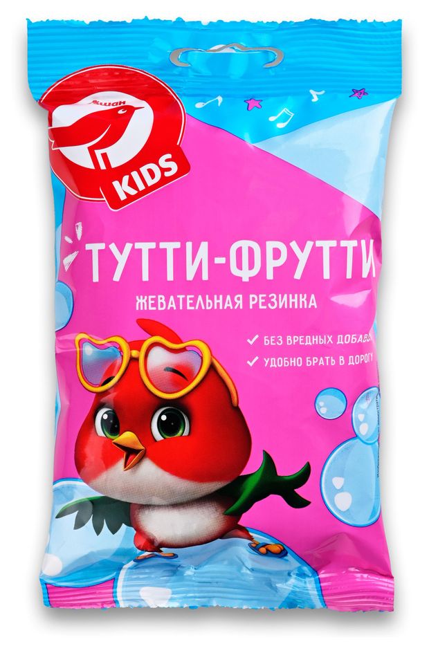 Жевательная резинка АШАН Красная птица Kids с ароматом Тутти фрутти, 48 г
