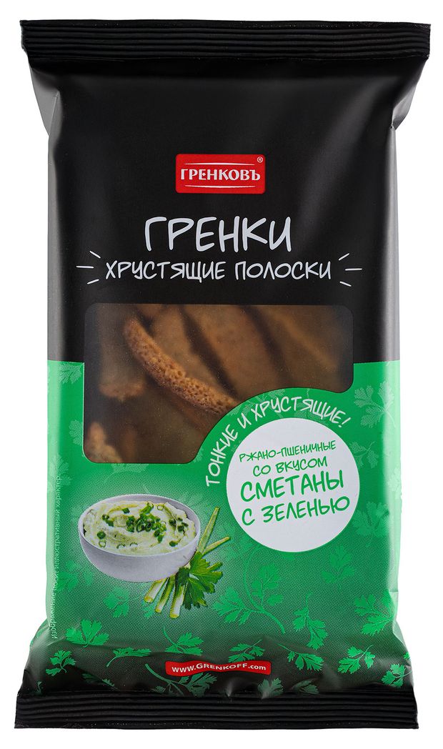 Гренки ржано-пшеничные Гренковъ Хрустящие полоски сметана и зелень, 70 г