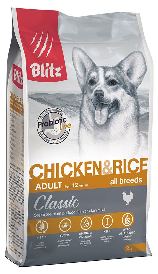 Сухой корм для собак Blitz курица с рисом, 2 кг