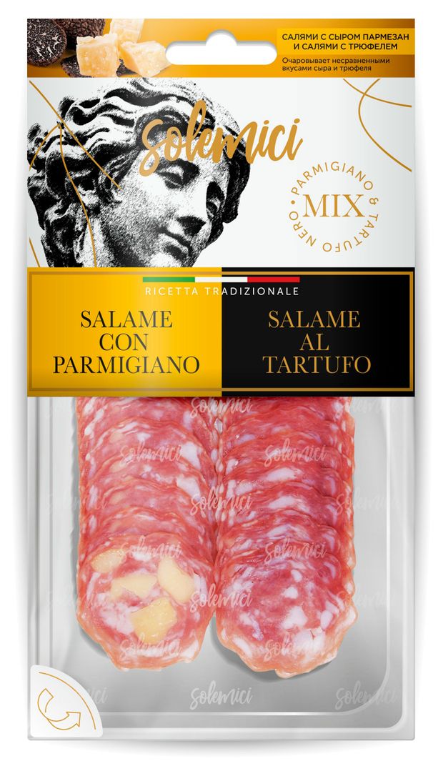 Колбаса сыровяленая Solemici Salame con Parmigiano & Tartufo Ассорти Салями с сыром Пармезан и Салями с трюфелем полусухая нарезка, 70 г