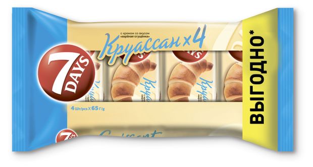 Хлеб и выпечка Круассаны 7Days с кремом со вкусом варёная сгущенка, 4 х 65 г