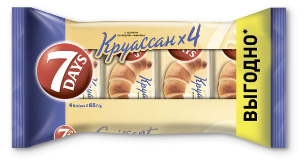 Хлеб и выпечка  Ашан Круассаны 7Days с кремом со вкусом ваниль, 4 х 65 г