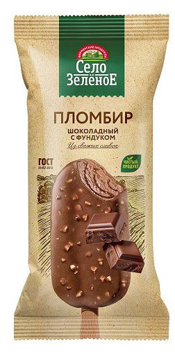Мороженое пломбир Село Зеленое Эскимо шоколадный с фундуком 15%, 80 г