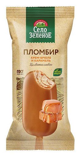 Мороженое пломбир Село Зеленое Эскимо крем-брюле и карамель 15%, 80 г