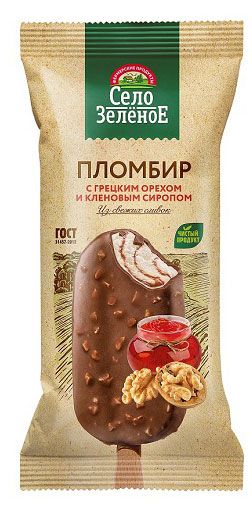 Мороженое пломбир Село Зеленое Эскимо с грецким орехом и кленовым сиропом 15%, 80 г
