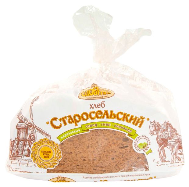 Хлеб ржано-пшеничный серый Мир Сдобрино Старорусский с солодом тмином и кориандром бездрожжевой заварной подовый нарезка, 300 г