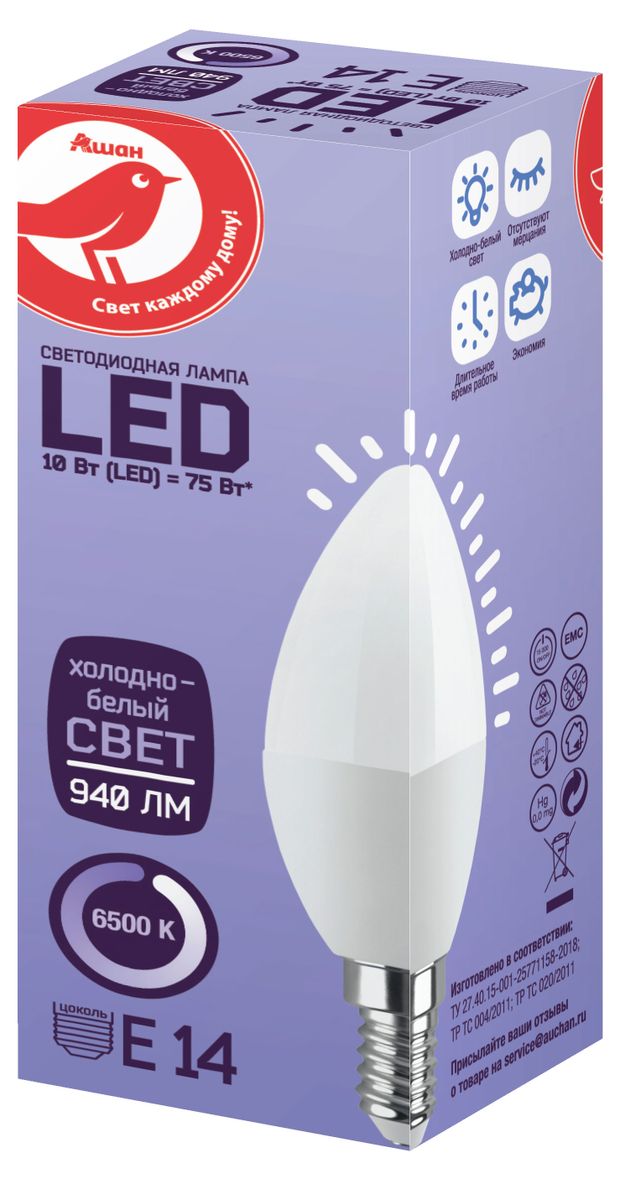 Лампа cветодиодная АШАН Красная птица Свеча 10W Е14 холодно-белый, 1 шт